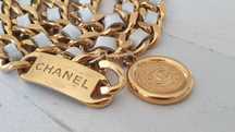 Oryginalny CHANEL Vintage skórzany pasek z łańcuszkiem - biały / złoty