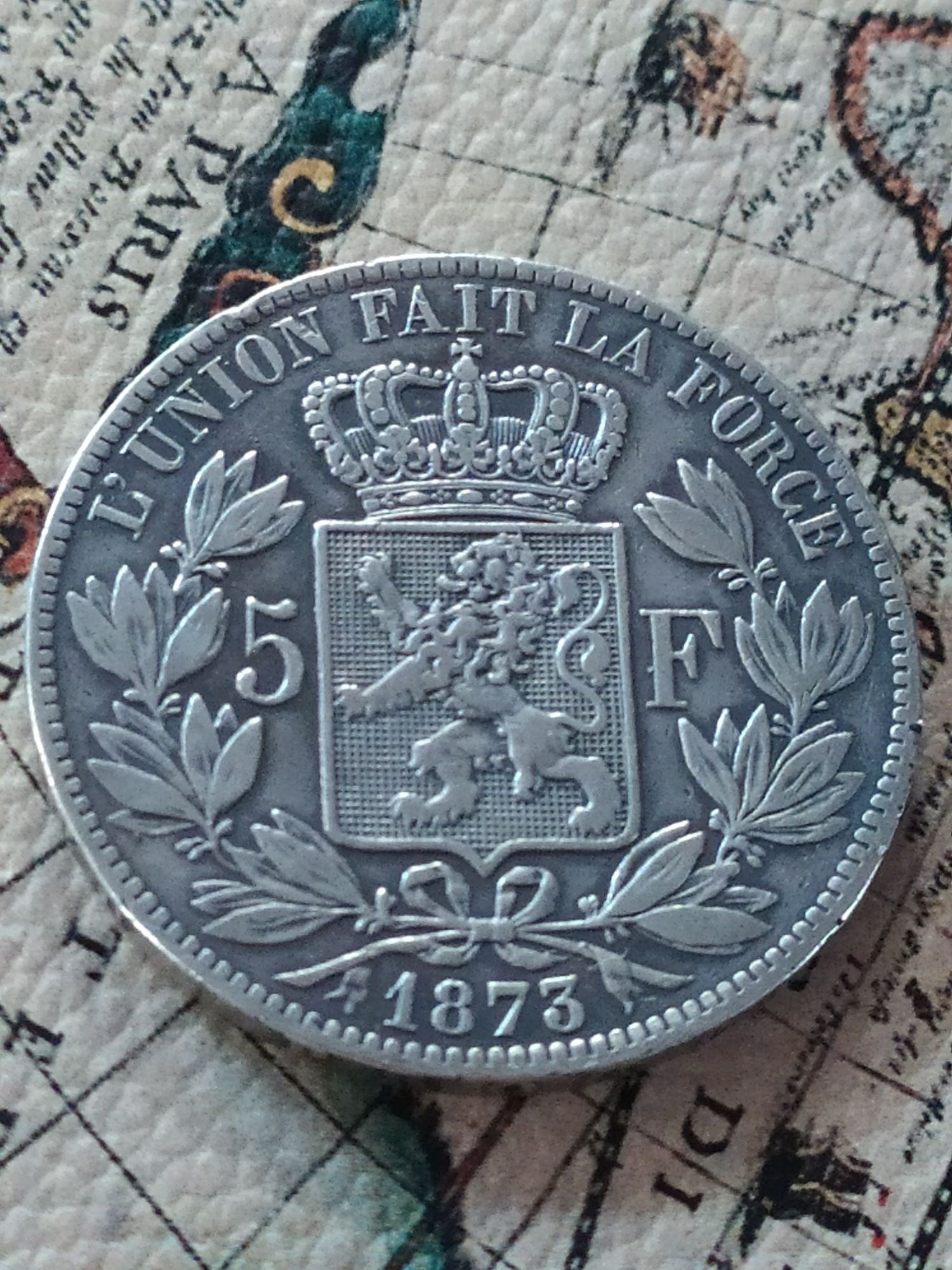Серебряная монета 5 Франков 1873  Король Леопольд.Сохран.. Серебро 900