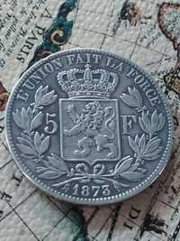 Серебряная монета 5 Франков 1873  Король Леопольд.Сохран.. Серебро 900