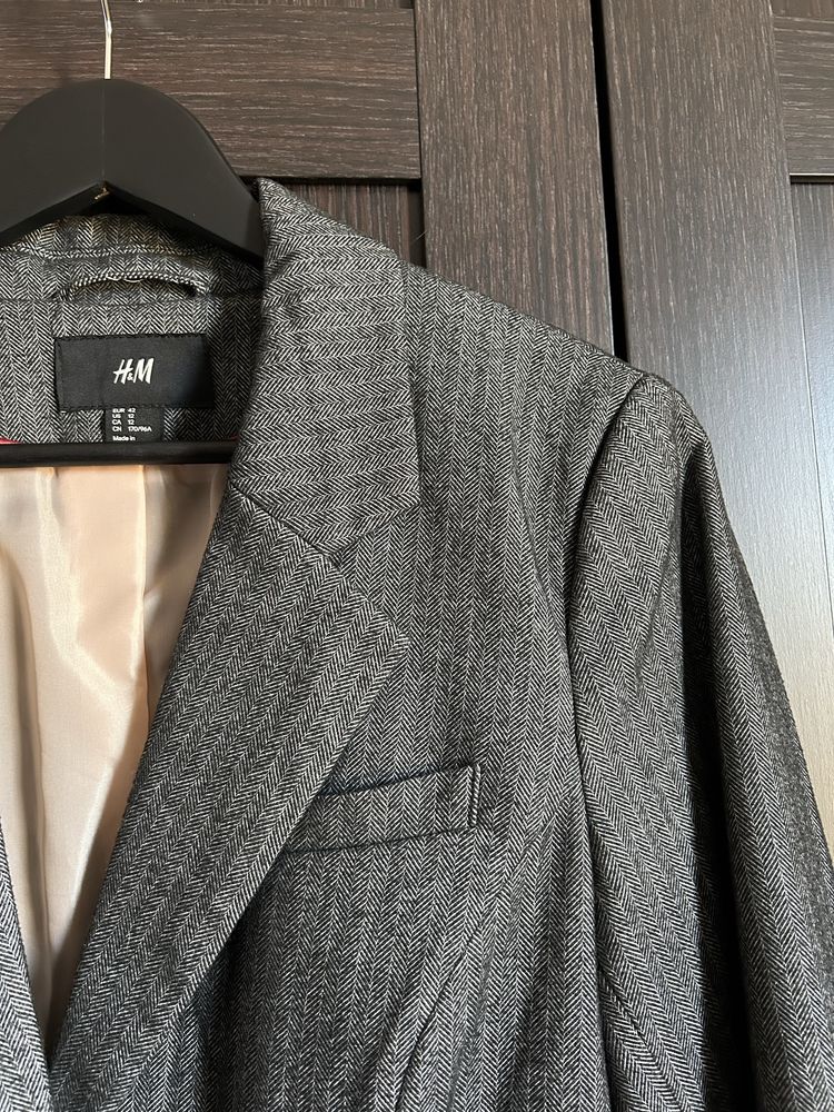 Damska, elegancka grafitowa marynarka w jodełkę - rozmiar 42 (XL)