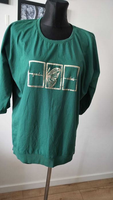 Bluzka damska 44 butelkowa zieleń tył dłuższy bawełna szykowna super