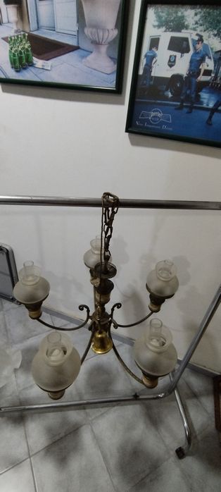 Candeeiro 5 braços antigo latão e vidro