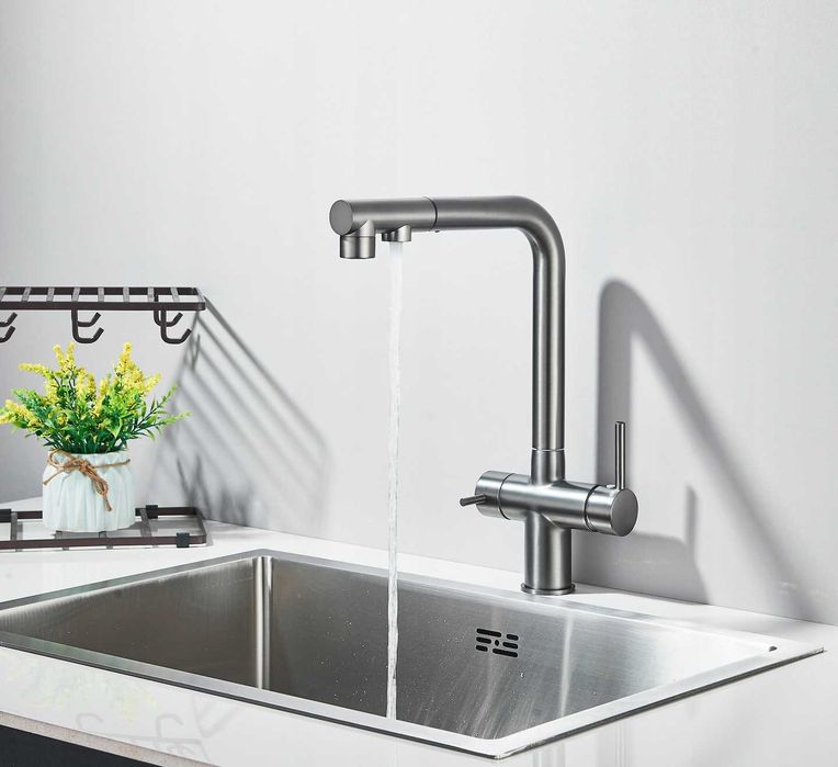 INOX BATERIA trójdrożna do filtra wody STAL NIERDZEWNA z wylewką