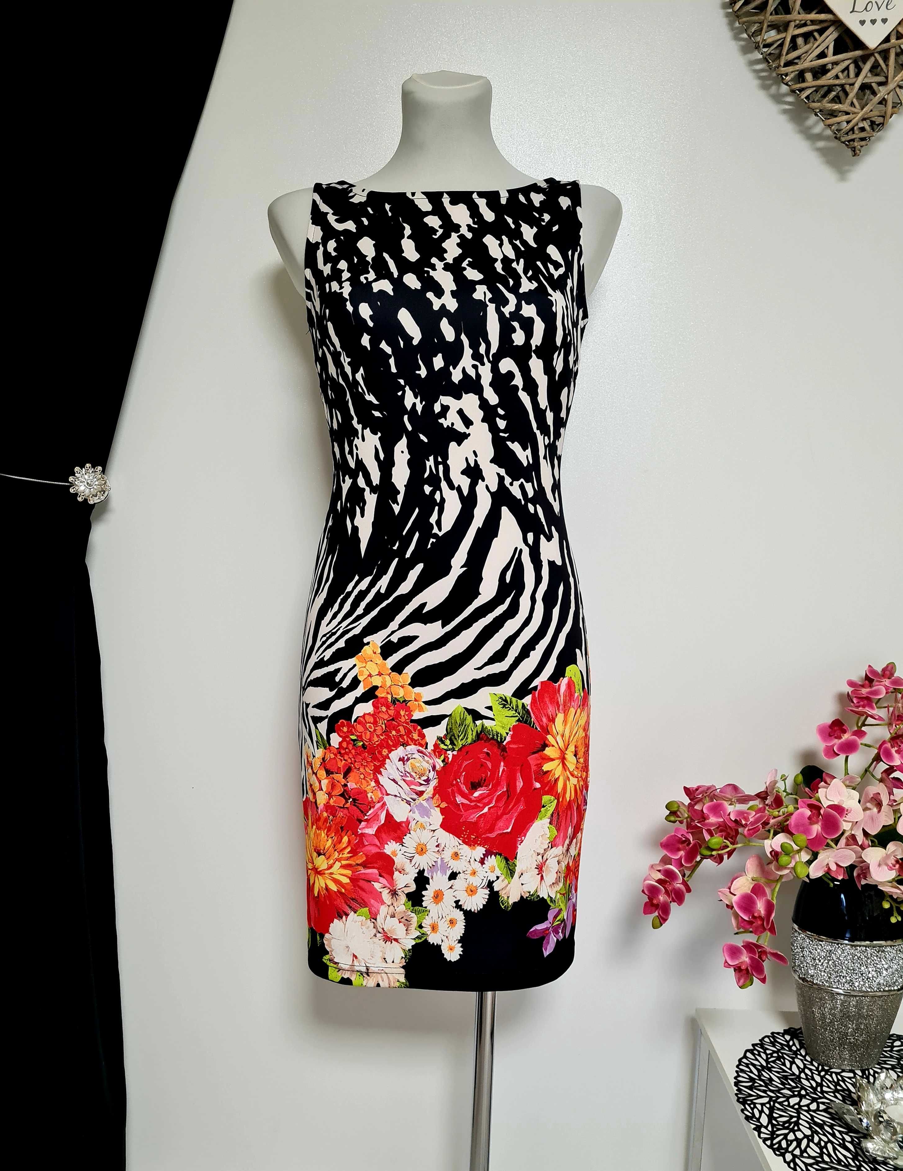 363. Elegancka dopasowana midi sukienka damska w kwiaty S M 36 38