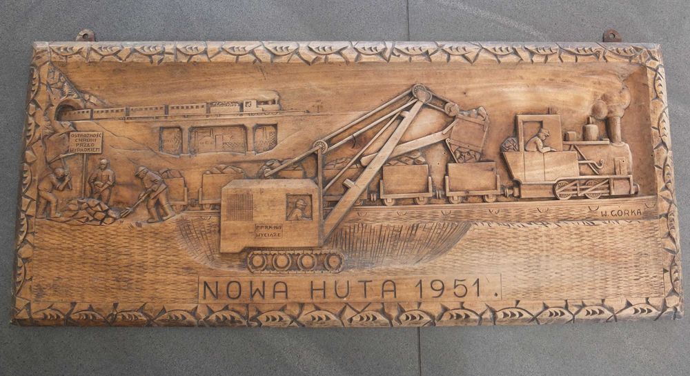 Płaskorzeźba drewniana budowa Nowa Huta Kraków W.Górka 1951 unikat