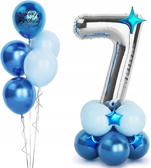 Zestaw balonów na 7 urodziny niebieski srebrny cyfra 7 100cm