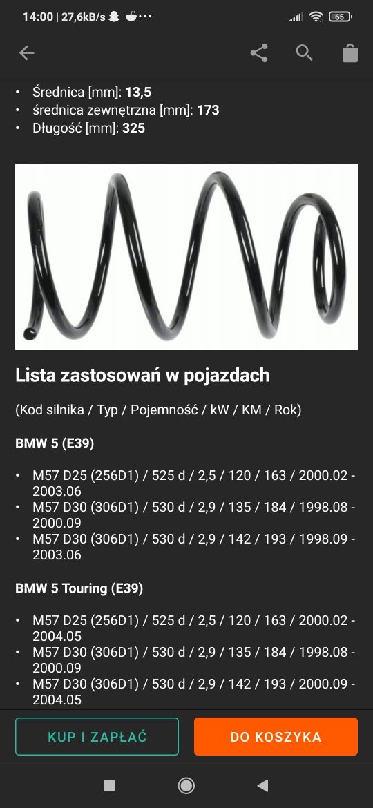 Sprężyny BMW e39 Sachs przód