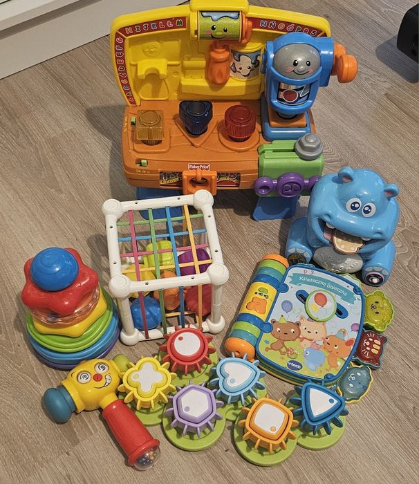 Zestaw zabawek sorter,warsztat fisher price,hipopotam,młotek wieża