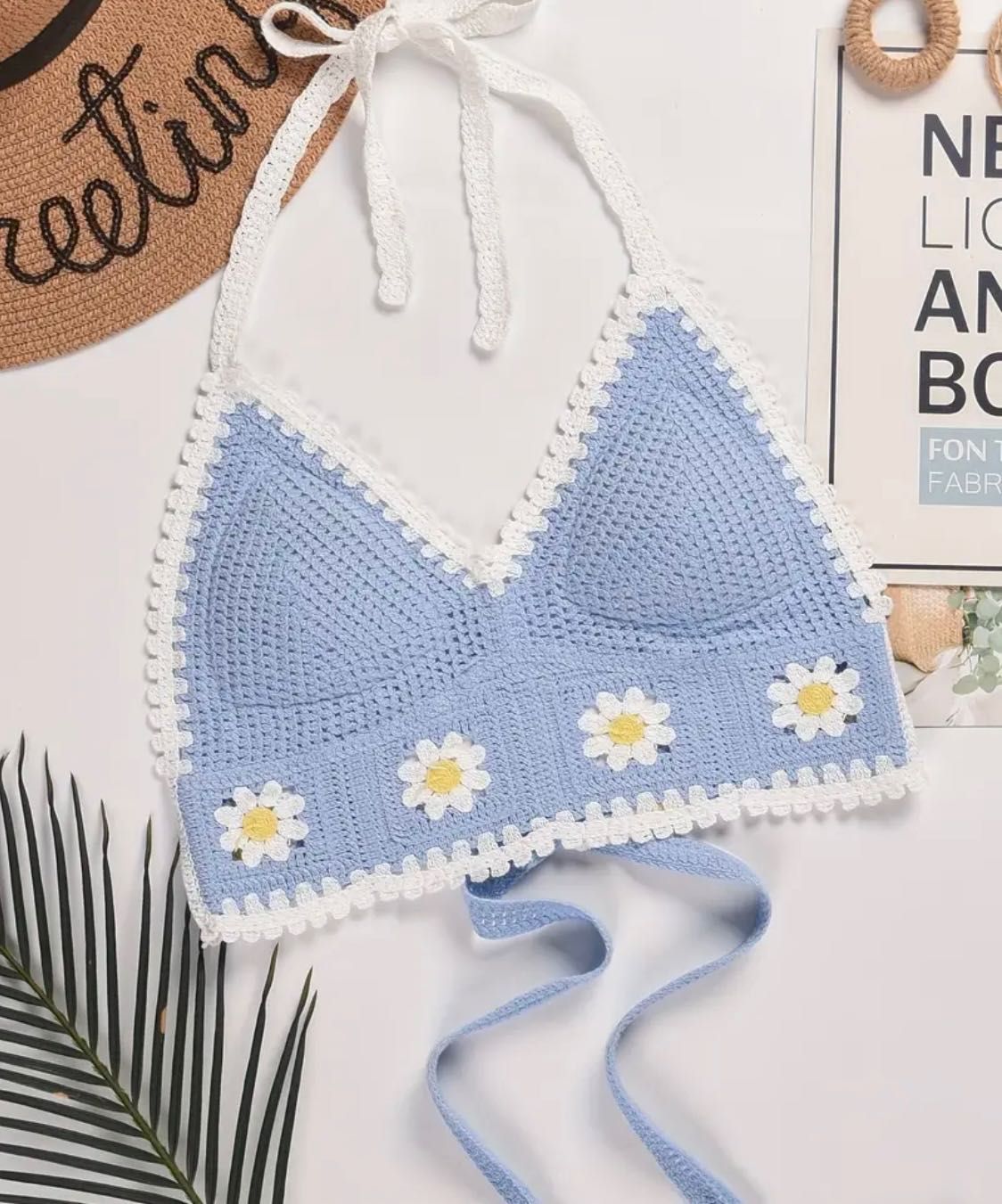 Top dziergany niebieski baby blue handmade  szydełkowy L M crop top