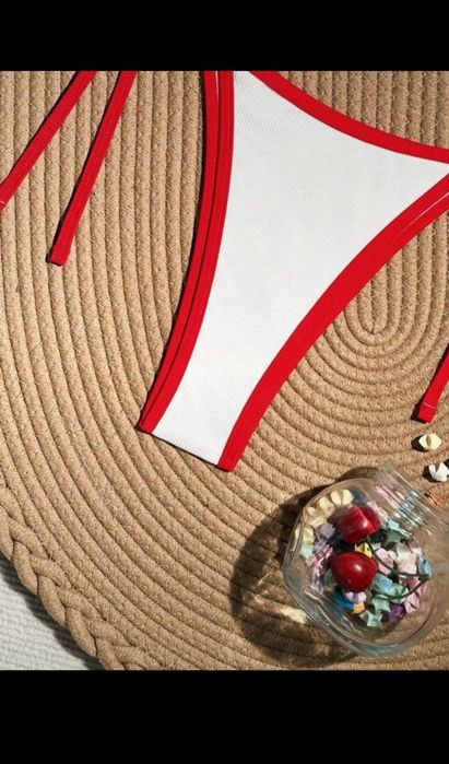 Shein śliczny strój kąpielowy bikini dwuczęściowy biało czerwony L