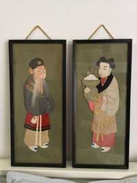 2 Quadros antigas com figuras de seda feitos à mão