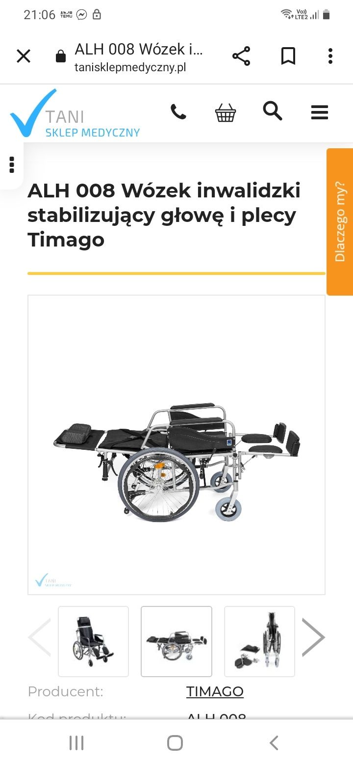 Wózek inwalidzki stabilizujący głównie plecy.firmy Timago