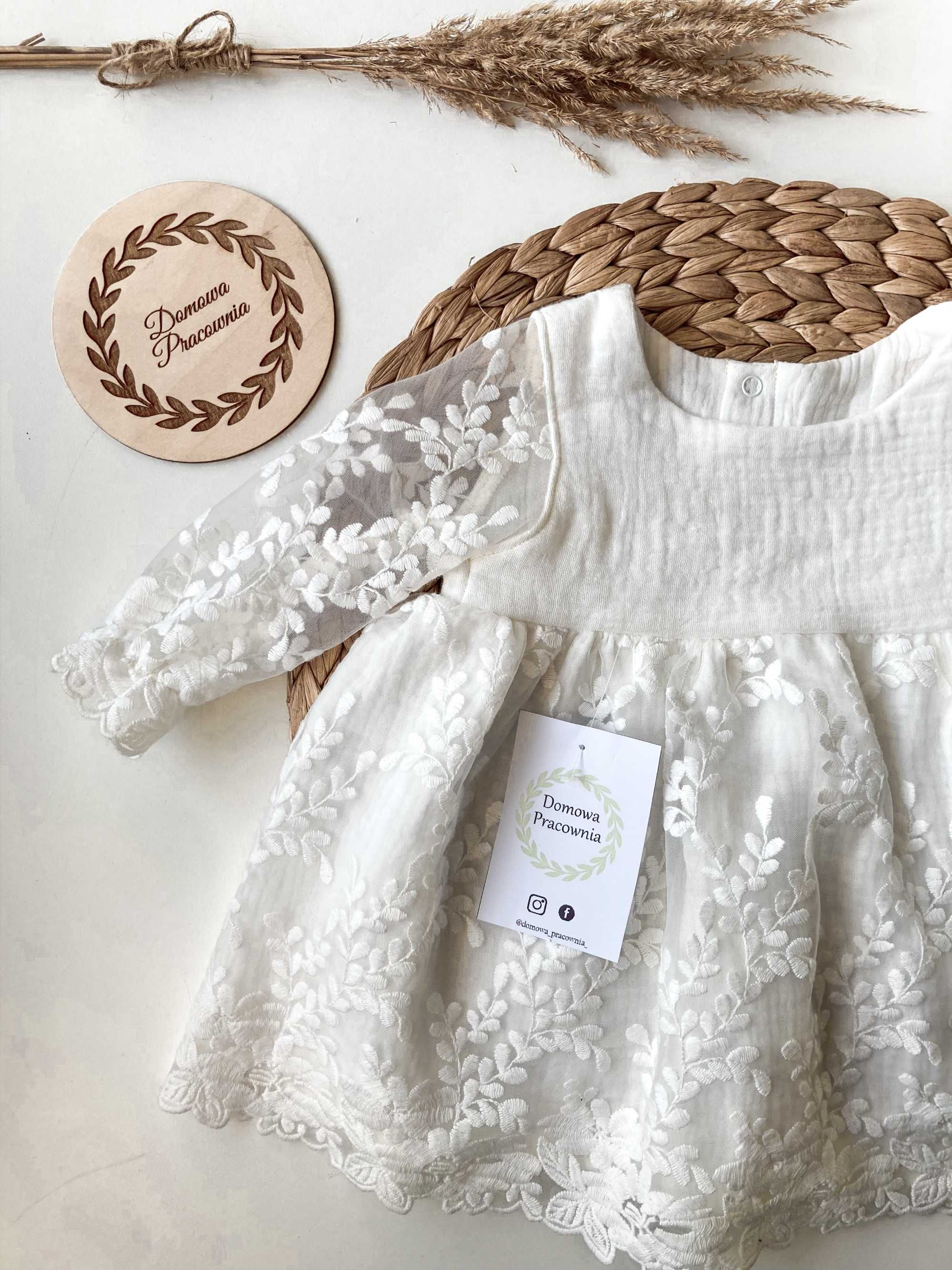 Sukienka na chrzest Aniela do chrztu muślin koronka boho 62 ecru