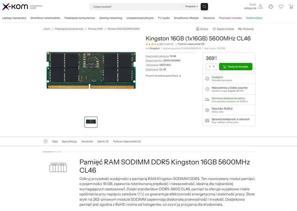 RAM Kingston DDR5 sodimm 32GB [2x 16GB] 5600MHz CL46 (2x KCP556SS8-16)