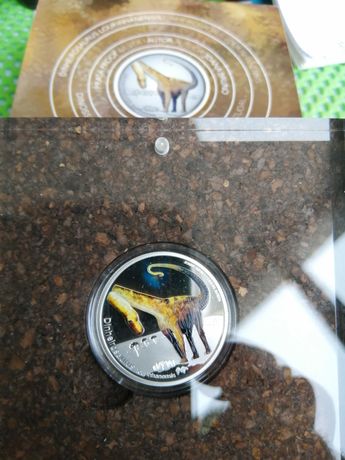 2 moedas de 5 euros prata prof, coloridas. Dinossauro, Cavalo Marinho