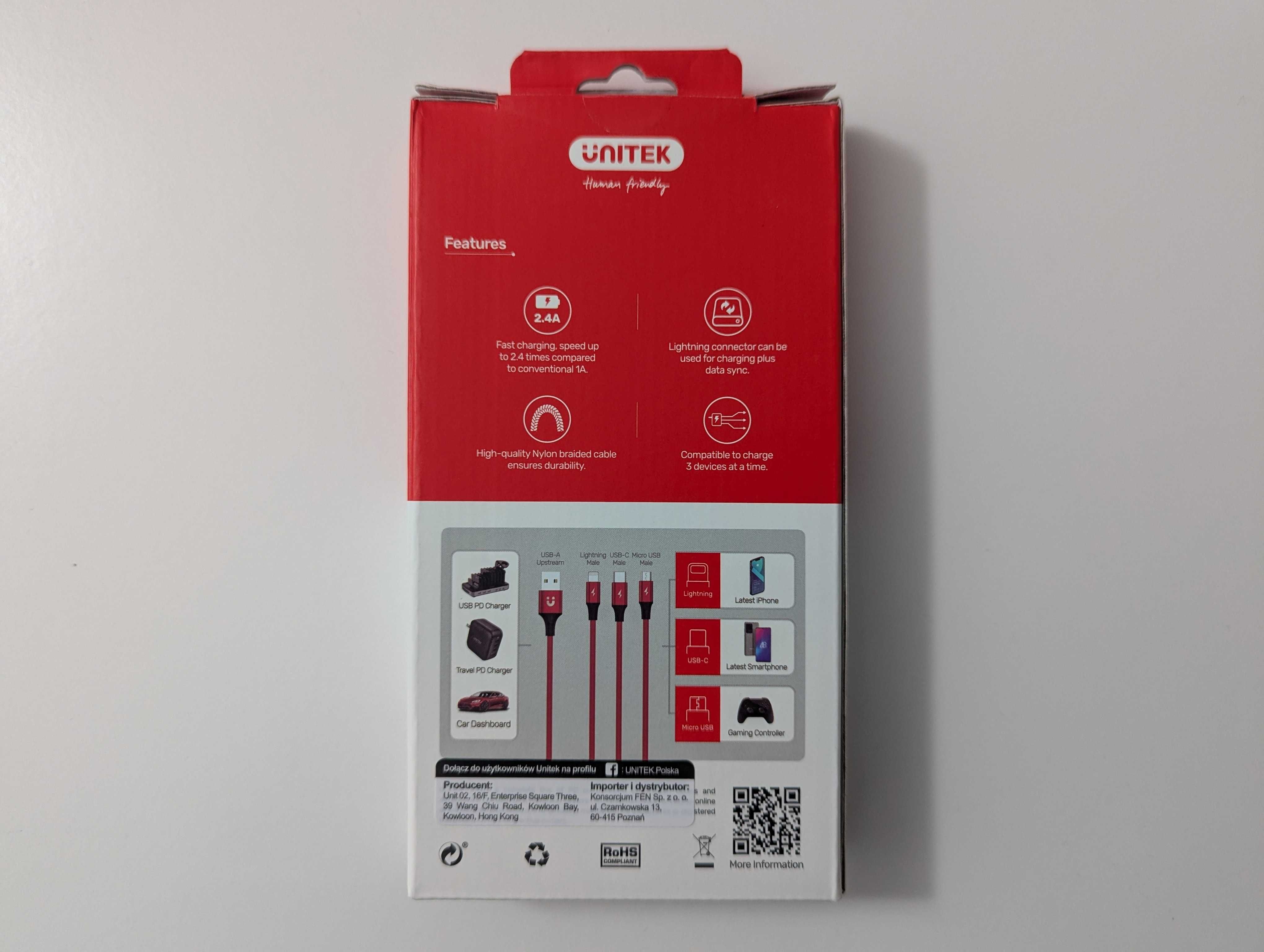 Kabel USB Unitek 3w1 Lightning, micro USB, USB-C 1,2m Nowy