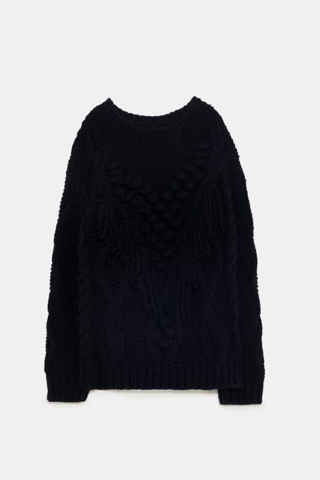 ZARA! Sweter z frędzlami i pomponami! Boho, gruby splot! HIT BLOGEREK!