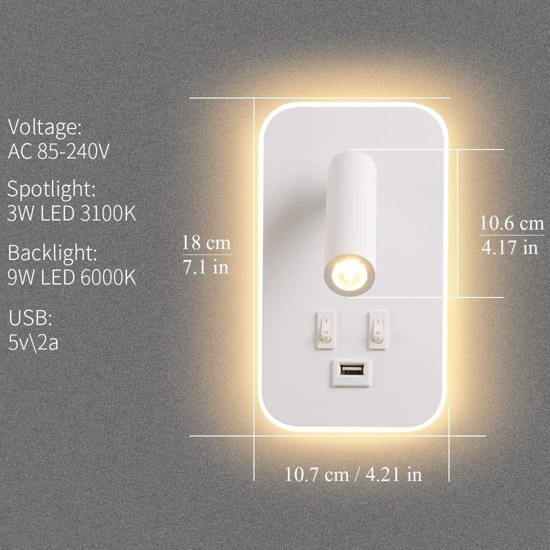 Lampa Ścienna LED Lampka Nocna USB Kinkiet 3W + 9W BIAŁY - AWEKLIY