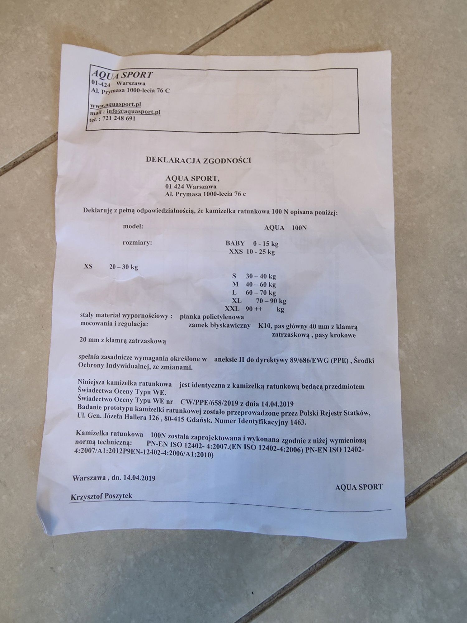 Kamizelka ratunkowa nowa z atestem +90kg