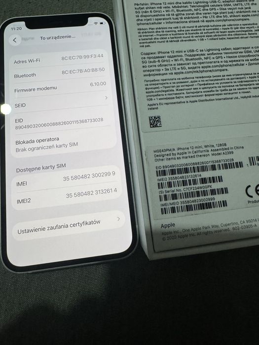 Apple Iphone 12 Mini White 128GB 100% kondycji baterii