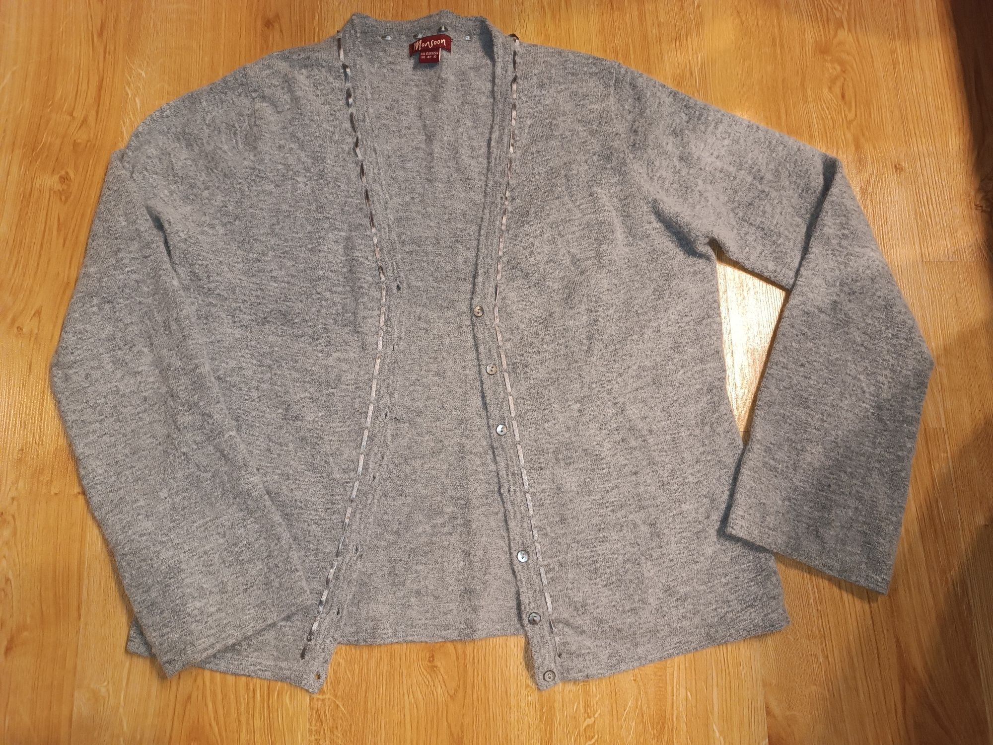 Szary sweterek rozpinany Monsoon 14 XL 42 owcza Wełna angora