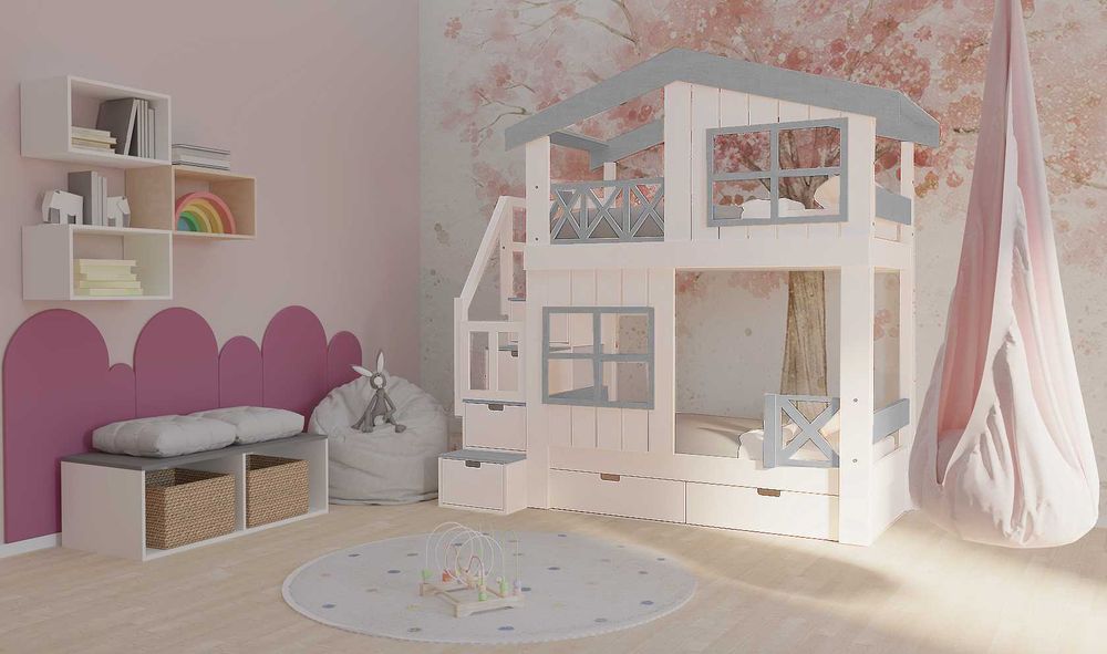 Łóżko piętrowe domek ze schodami Łóżko dla rodzeństwa