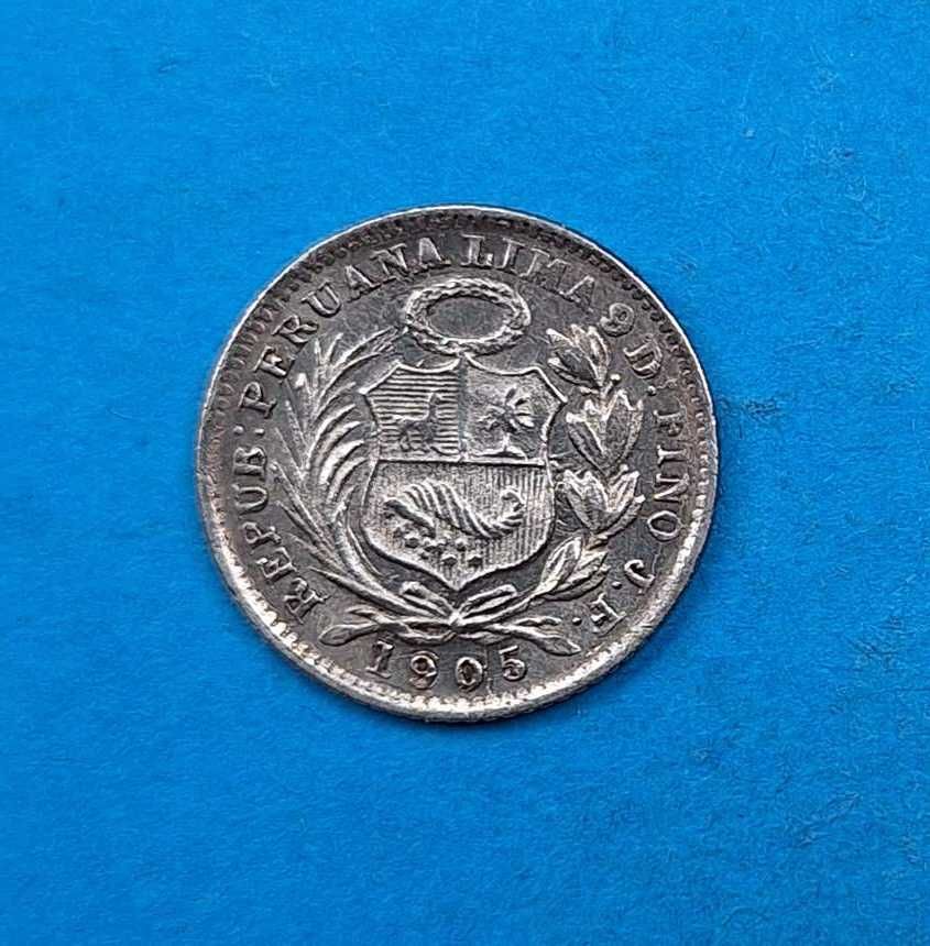 Peru 1/2 dinero rok 1905, bardzo dobry stan, srebro 0,900