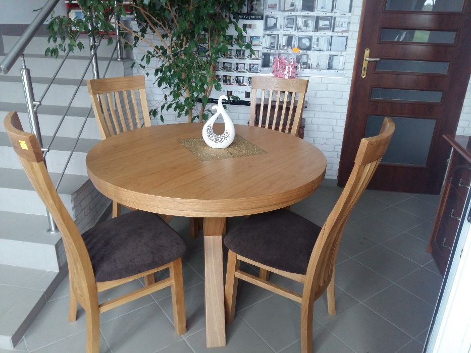 Stół okrągły dębowy loftowy LOFT1, krzesła dębowe, produkcja na wymiar