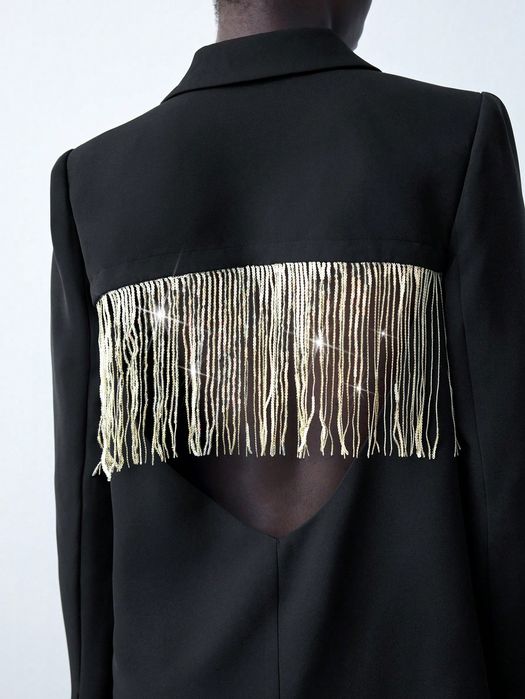 Marynarka Imprezowa Z Cekinowymi Frędzlami Czarna Shein Xl 42