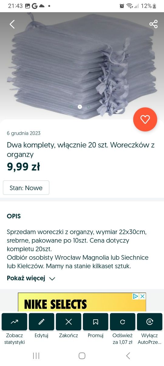 3 komplety woreczków z organzy