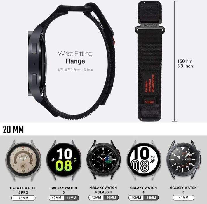 PASEK NYLON 20 mm DO GALAXY WATCH 4 5 PRO 6 Clasic 40/42/43/44/45/46/4