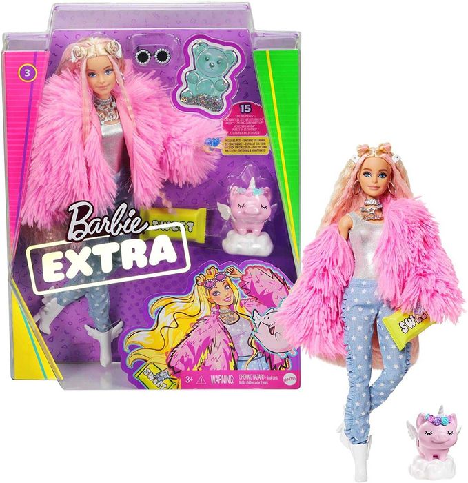 Лялька Barbie Extra Doll 3 in Pink Coat with Pet Unicorn Pig