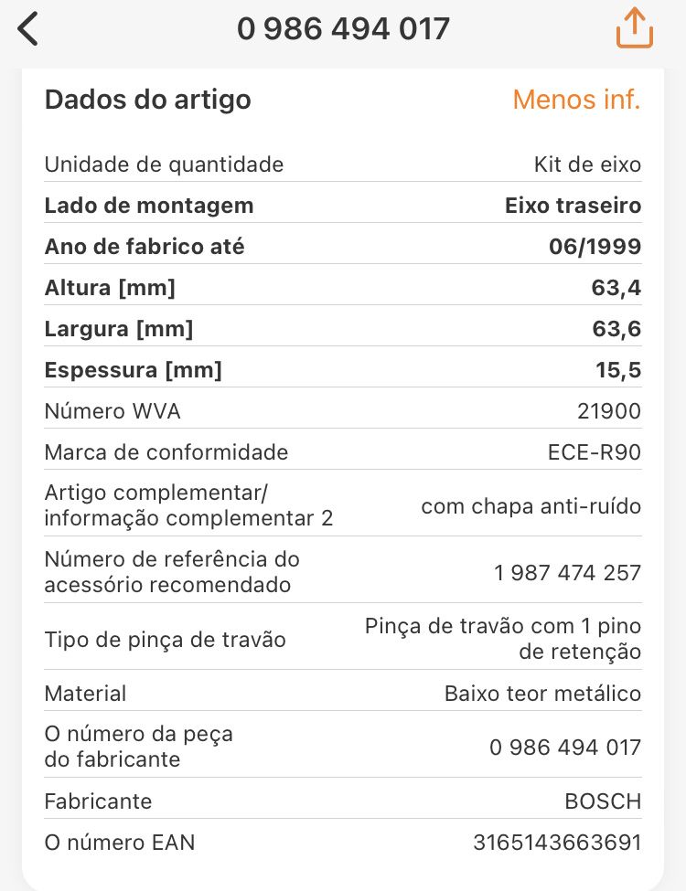 Pastilhas de travões (tras) NOVOS p/ Mercedes C180 / C200 / C220 / C230