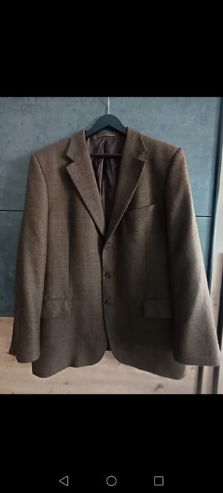 Marynarka z wełną brązowa z kratką poduszki na ramionach coguette