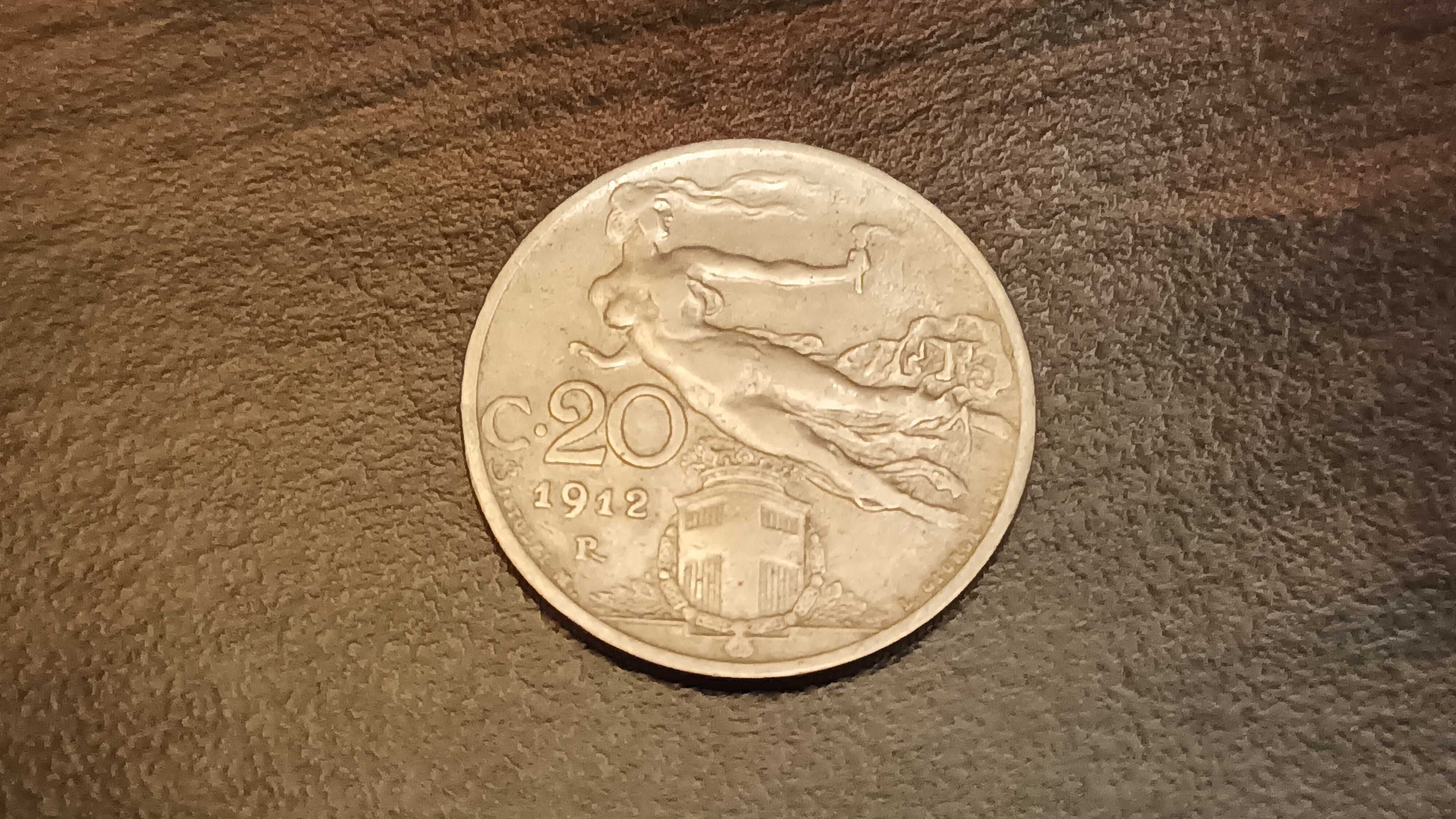 Włochy. Nominał, 20 centesimi. Rok, 1912.