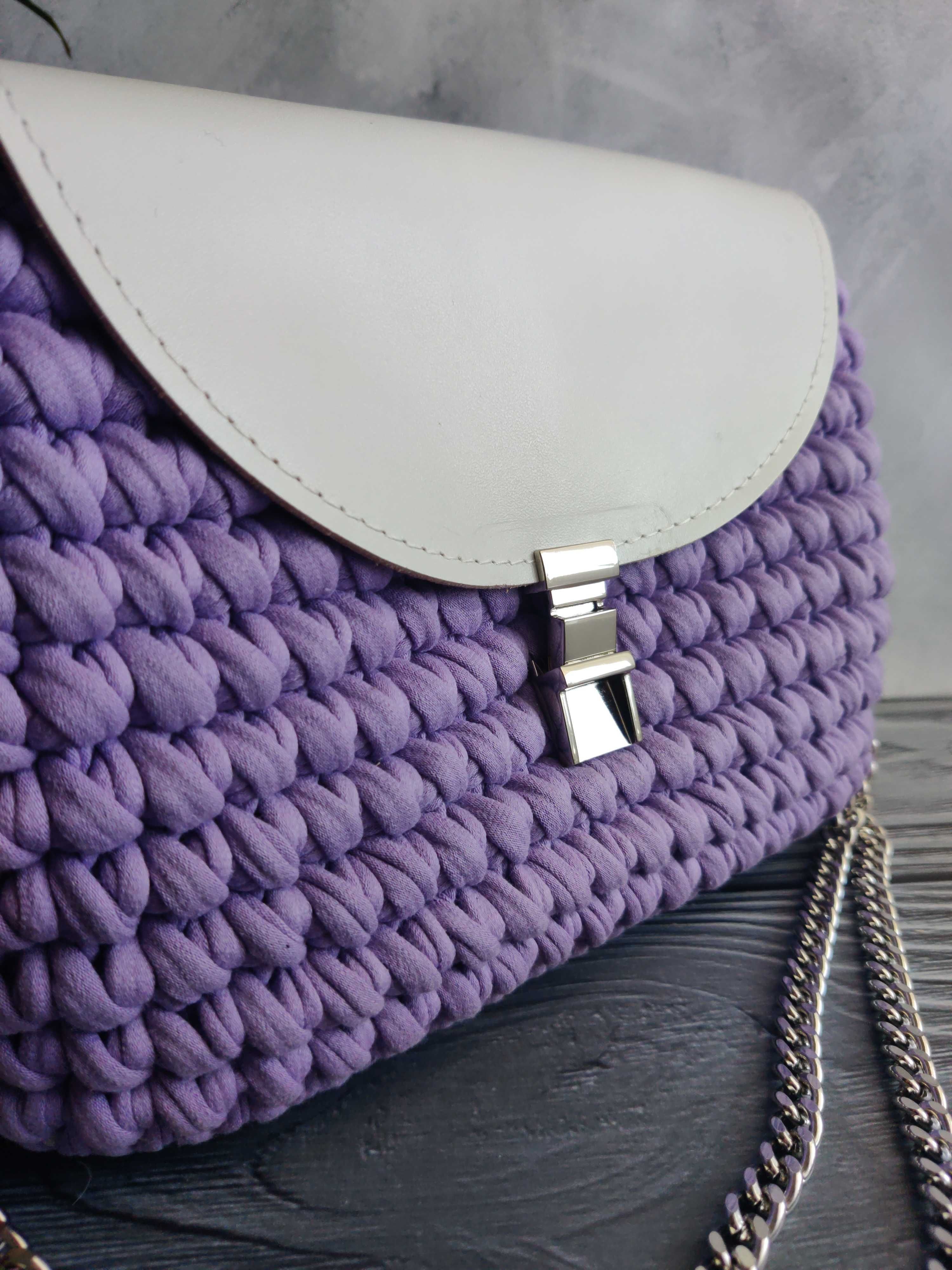 Сумка ручної роботи з пряжі та натуральної шкіри Violet cozy