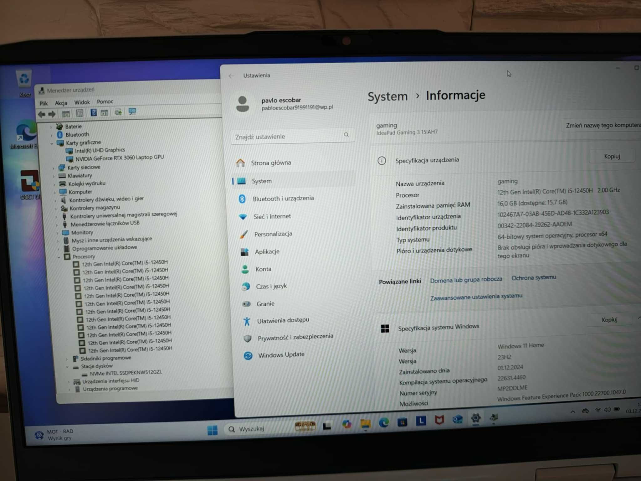 GAMINGOWY Laptop LENOVO 15.6" i5 12GEN 12x4.40Ghz,16GB,RTX3060-6GB