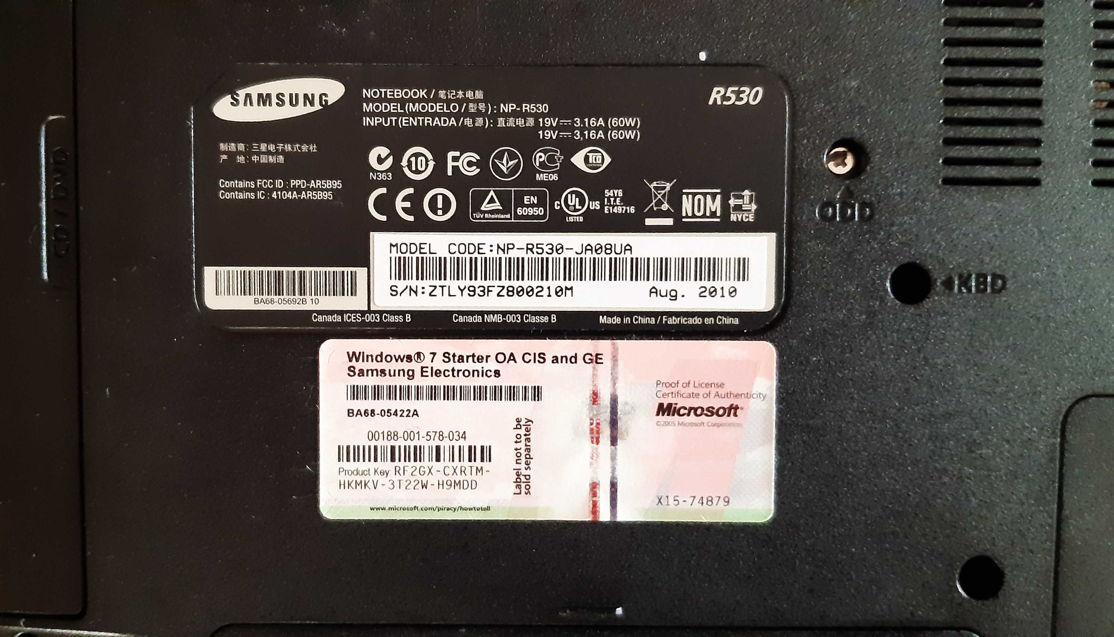 Ноутбук Samsung R530, ОП 4ГБ, 15,6 дюймов