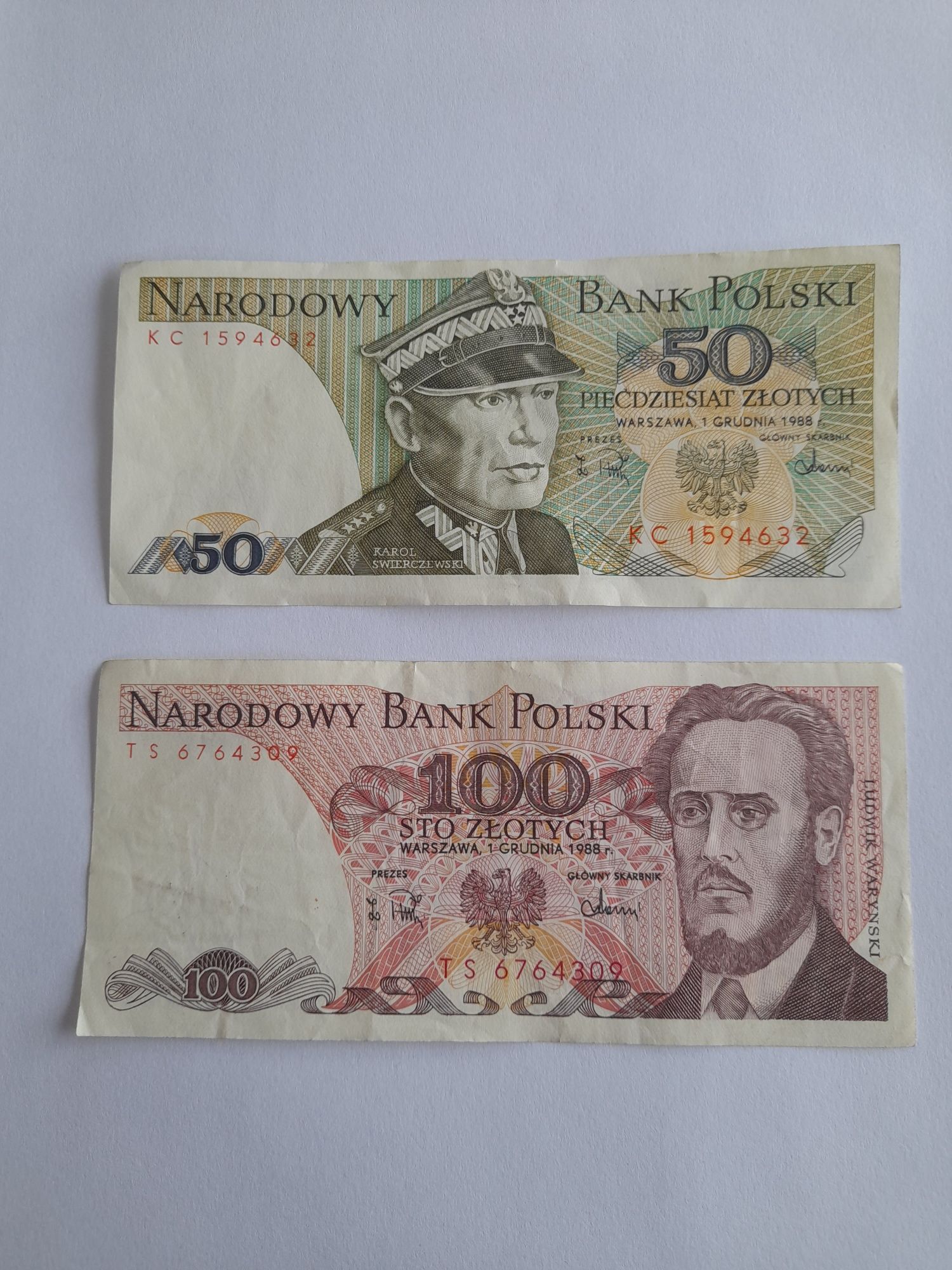 Banknoty PRL 100 zł, 50 zł 1988rok