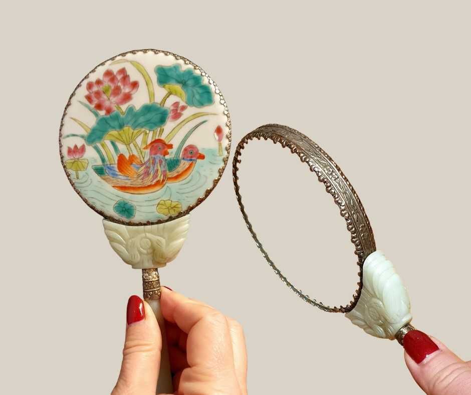 Oryginalne, stare chińskie lustro. Jadeit i porcelana. Hand made.