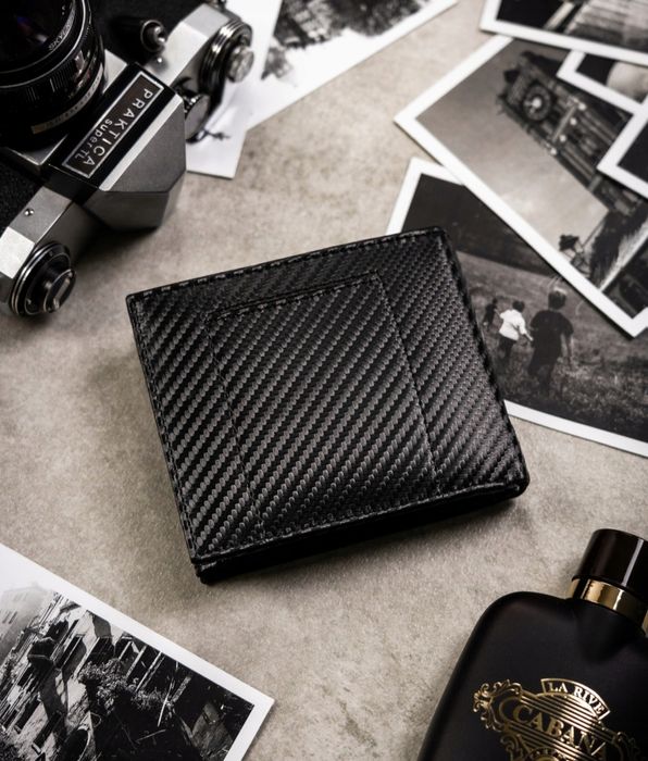 Skórzany portfel męski na zatrzask ochrona kart RFID czarny prezent