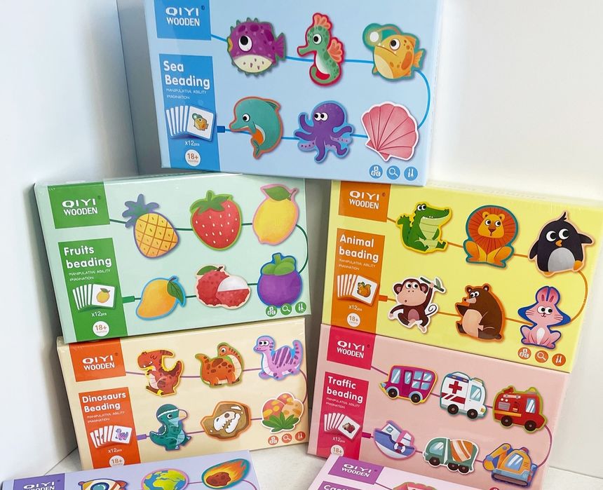 Шнурівка дерев'яна 9 видів, Серце, Транспорт, Фрукти, Тварини, Дино