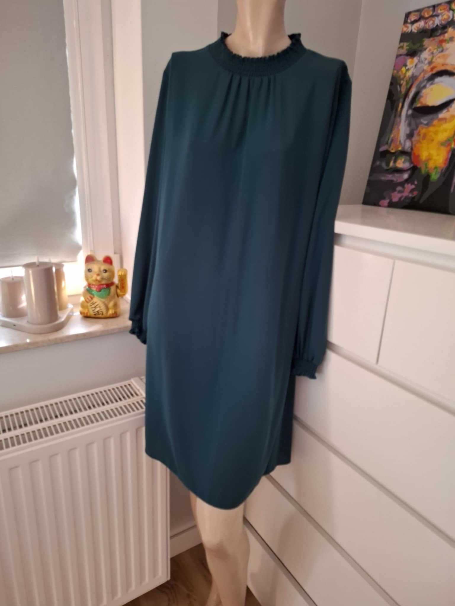 44 Dorothy Perkins ciemnozielona sukienka zielony butelkowy ze stójką