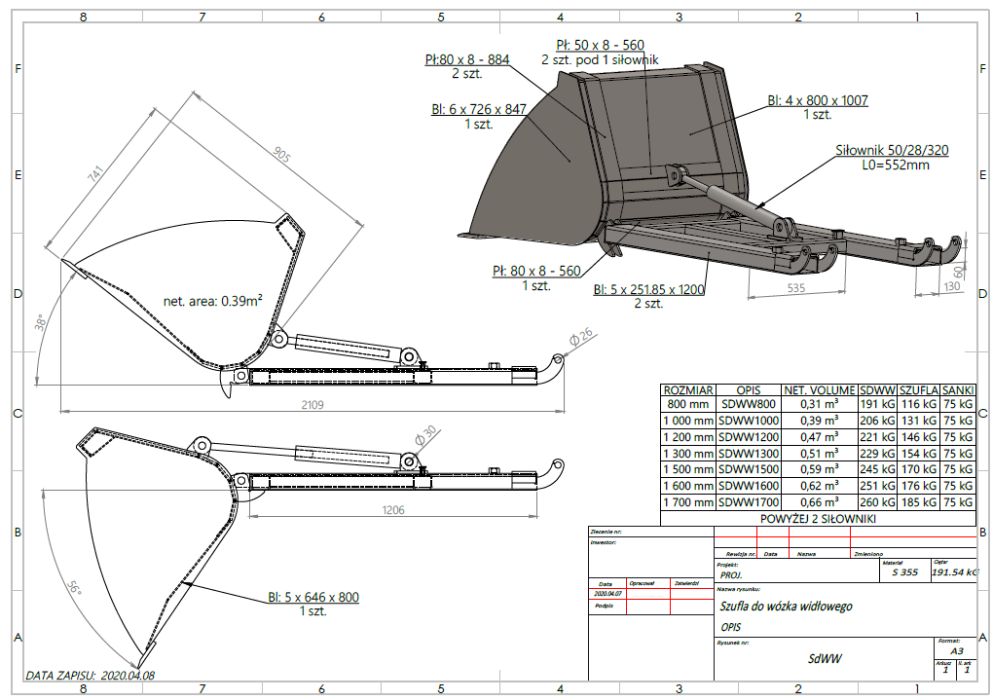 Szufla wózek widłowy łyżka 160 cm 170 hydrauliczna MOCNA PRODUCENT