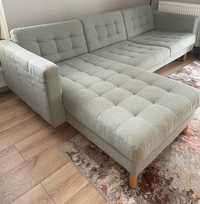 Sofa 3-osobowa, z szezlongiem, jasnozielony/drewno