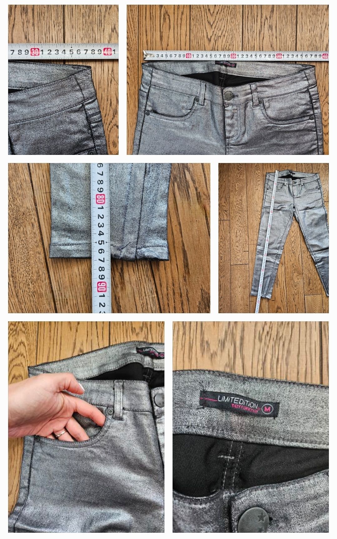 Nieużywane eleganckie spodnie damskie, rurki,srebrne,Terranova, rozm M