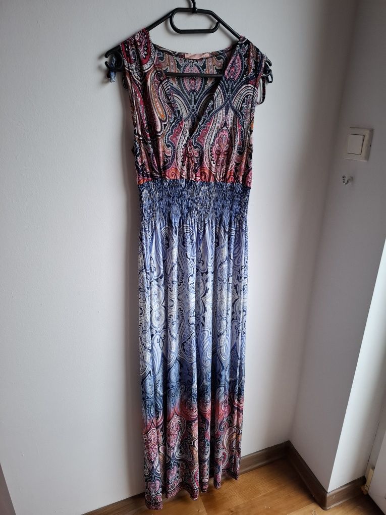 Kolorowa sukienka maxi boho wzorki luźna lato 38