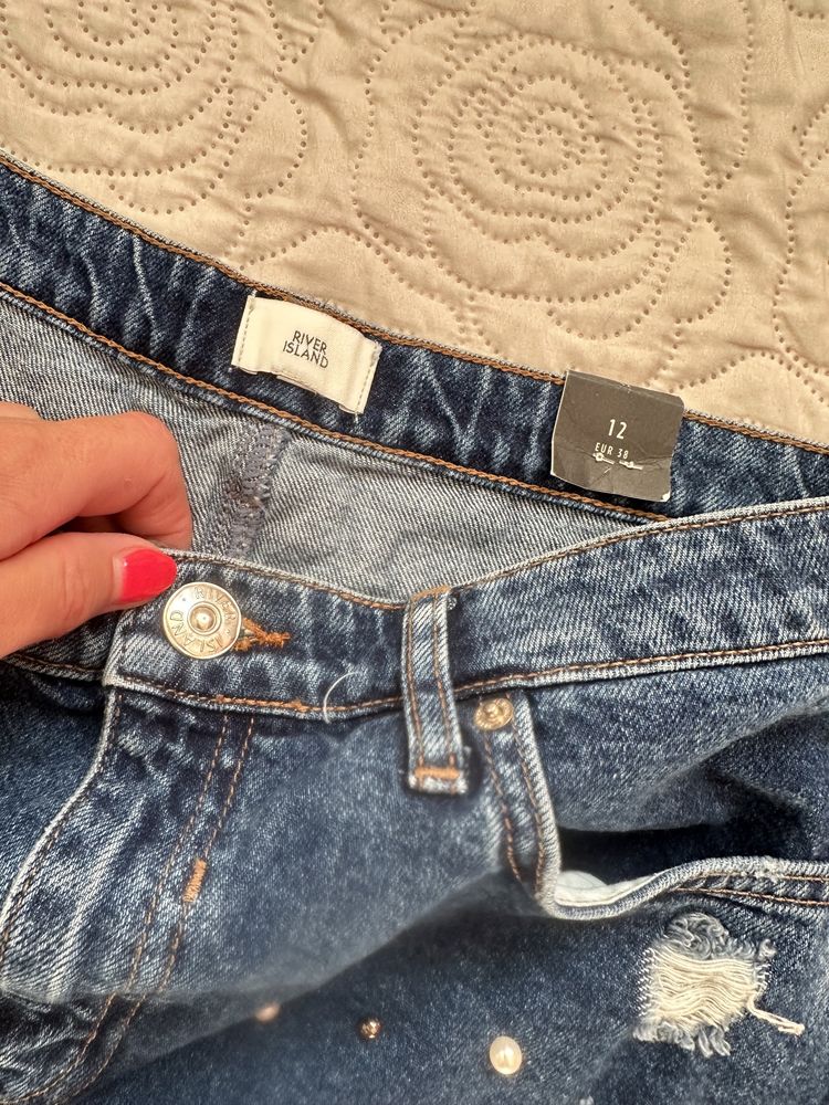 River Island 12/38 nowa mini spódnica jeans perły destroyed