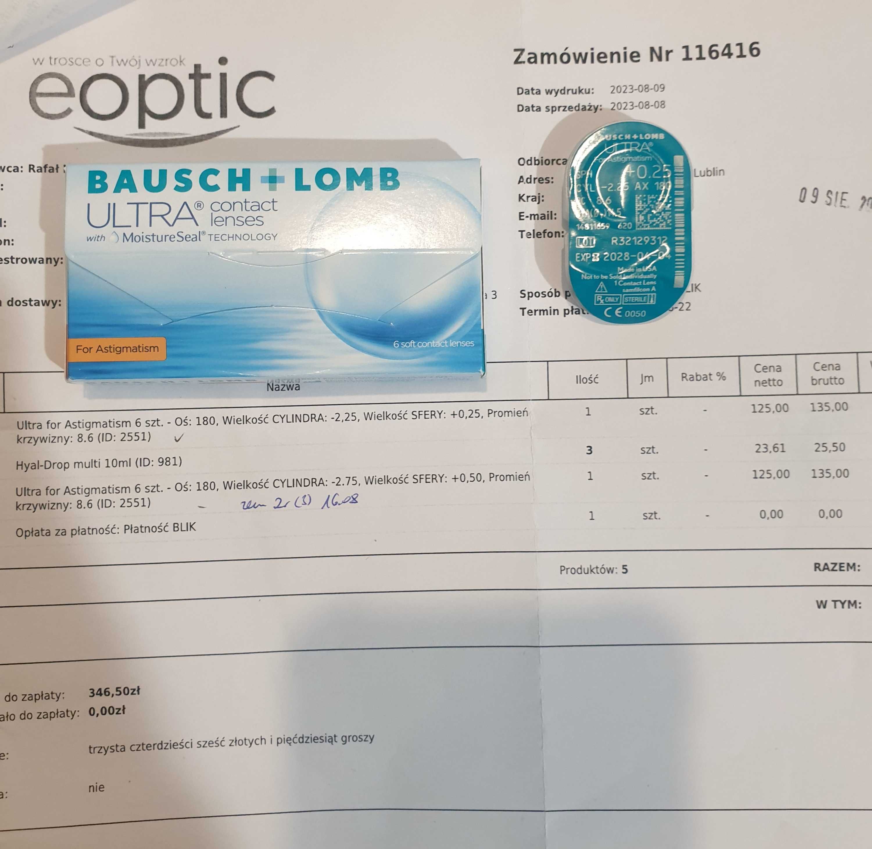 Soczewki Bausch Lomb ULTRA For Astigmatism Nowe