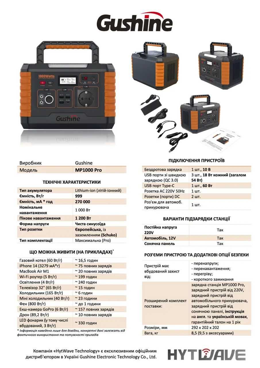 Електростанція Gushine MP1000 Pro